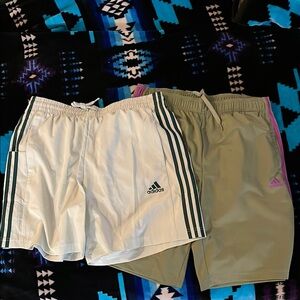 2 pairs of adidas Men’s Athletic Shorts in White & Khaki with Dark Green Stripes